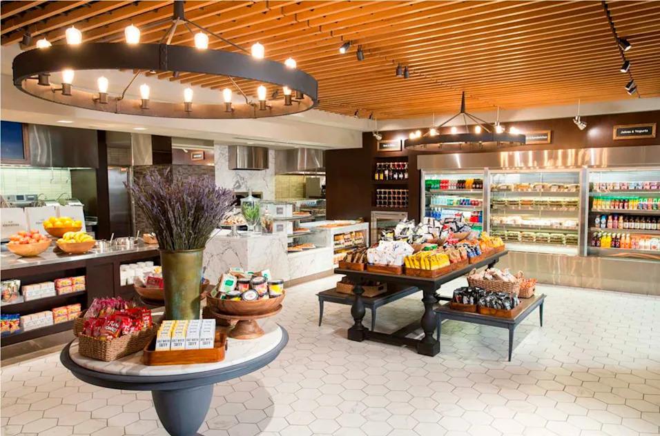 Hotel marketplace with snacks, drinks, and fresh grab-and-go options